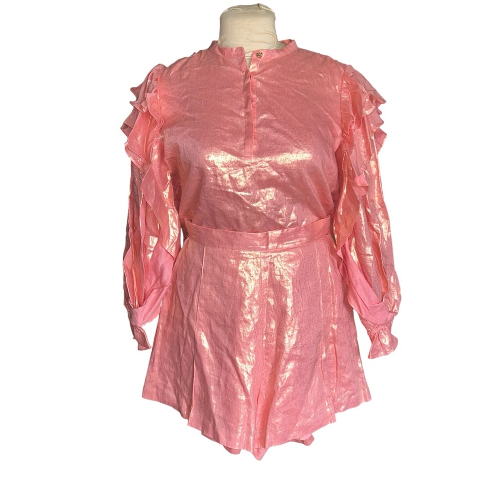 NWOT Emily McCarthy Metallic Pink Tunic & Short Set Size S Wedding Guest Party
